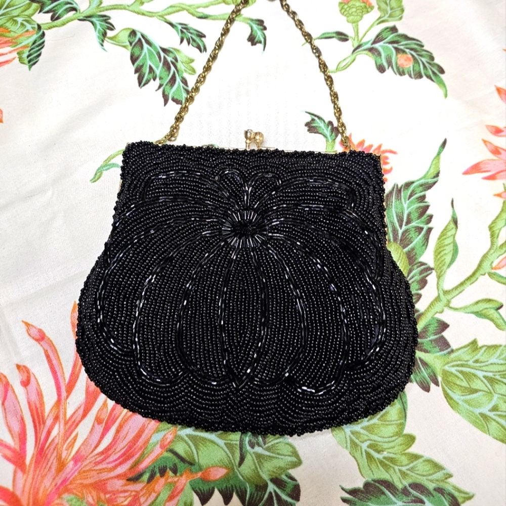 Vintage Black Beaded Evening Bag with Gold Chain